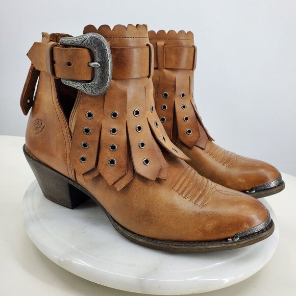 Ariat Hadley Almond Toe Western Fringe Buckle Side Leather Ankle Boots 8 - Picture 1 of 11
